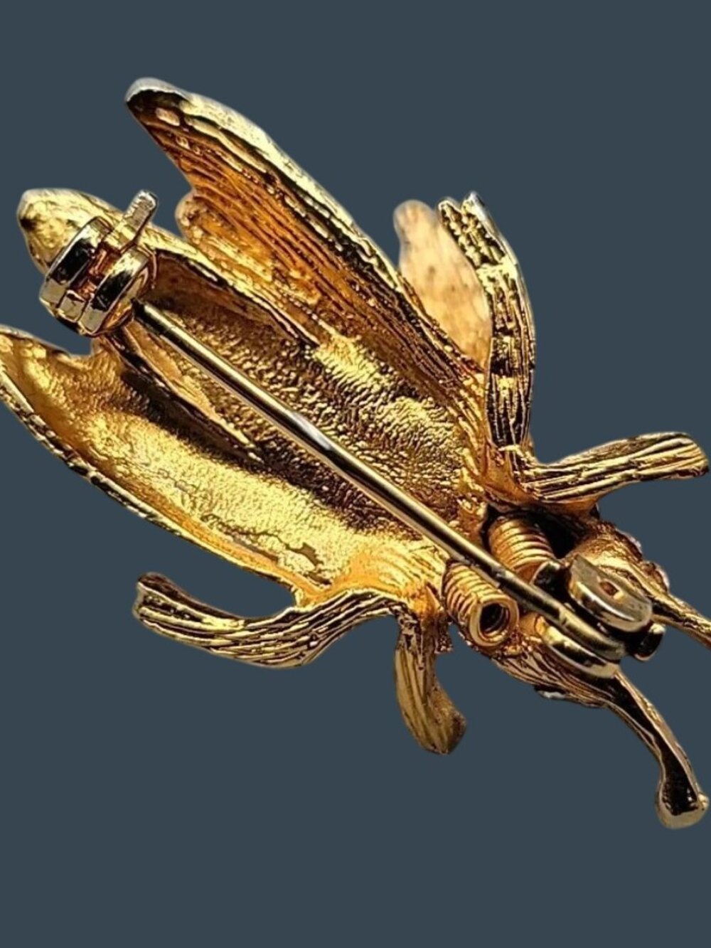 Vintage Insect Trembler Brooch 1950s Red Rhinestone Eye Gold Tone Moving Wings - Picture 5 of 6